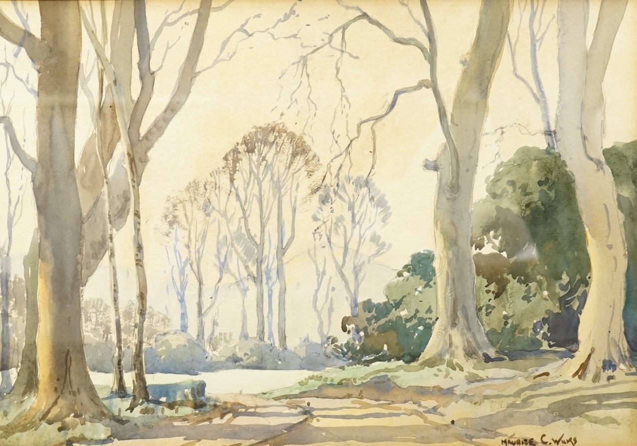Maurice Canning Wilks (1911-1984), Tree lined pathway with hills beyond, signed, watercolour, 26 x 36cm